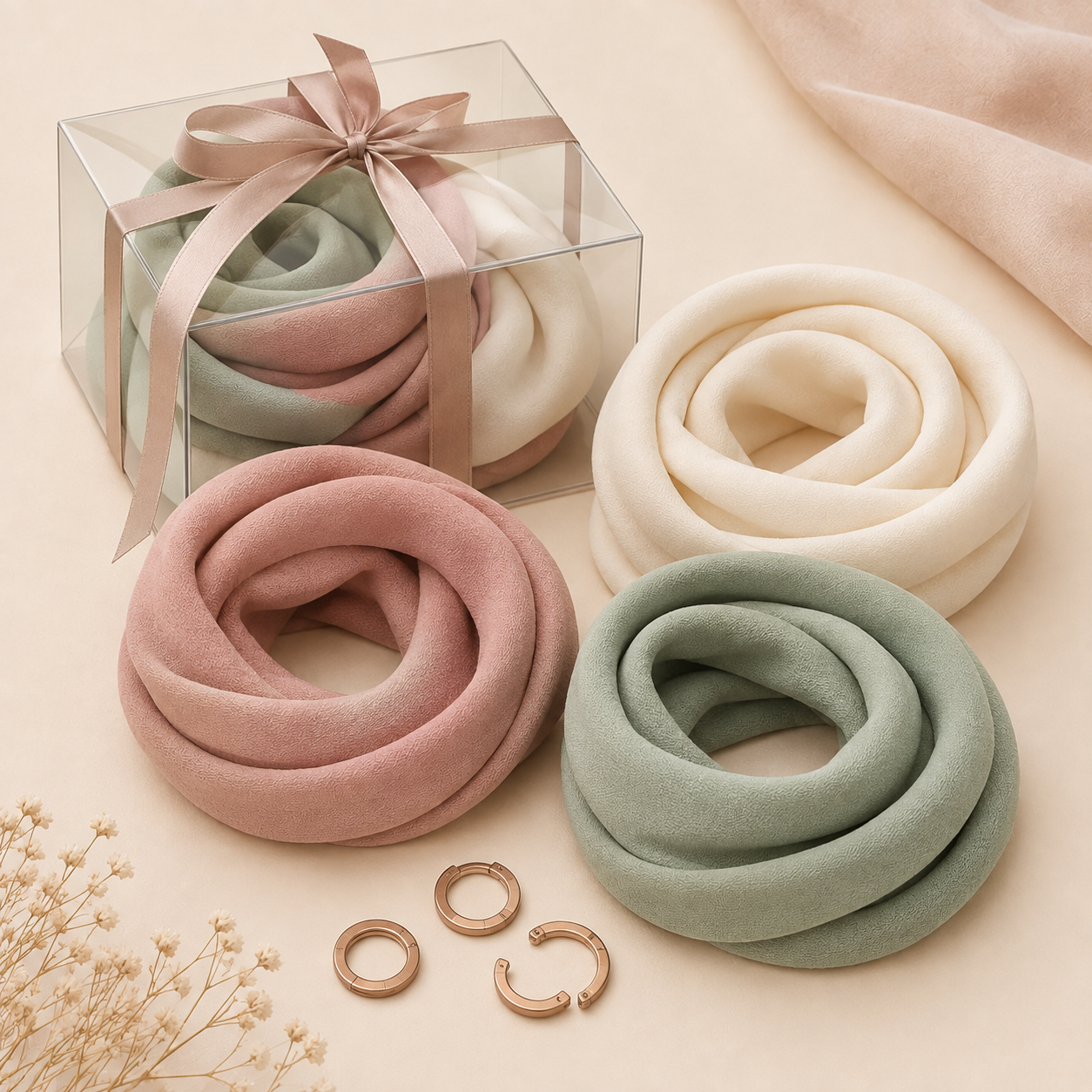 YajBakm™ DIY No-Sew Infinity Scarf Kit | 3-Color Morandi Fabric Set (Sage, Rose, Cream) with Easy Magnetic Clasps | Quick Fashion Craft Kit for Beginners, Teens & Adults