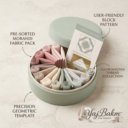 YajBakm™ Premium Morandi Fabric Quilting Kit – DIY Patchwork Sewing Set with Precision Geometric Template, Color-Matched Thread Collection, Step-by-Step Block Pattern & Aesthetic Keepsake Gift Box for Beginners & Crafters