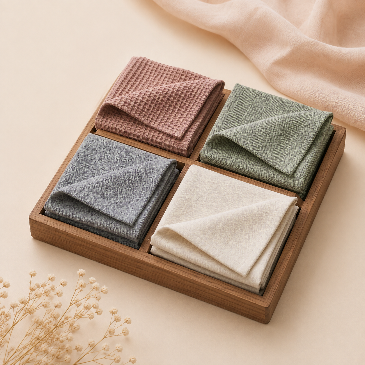 YajBakm™ Curated Morandi Fabric Bundle - 4pcs Textured Cotton Linen Fat Quarters for Quilting & Sewing | Waffle, Herringbone, Solid Muted Earthy Tones Craft Fabric Swatches for DIY, Patchwork, & Home Decor