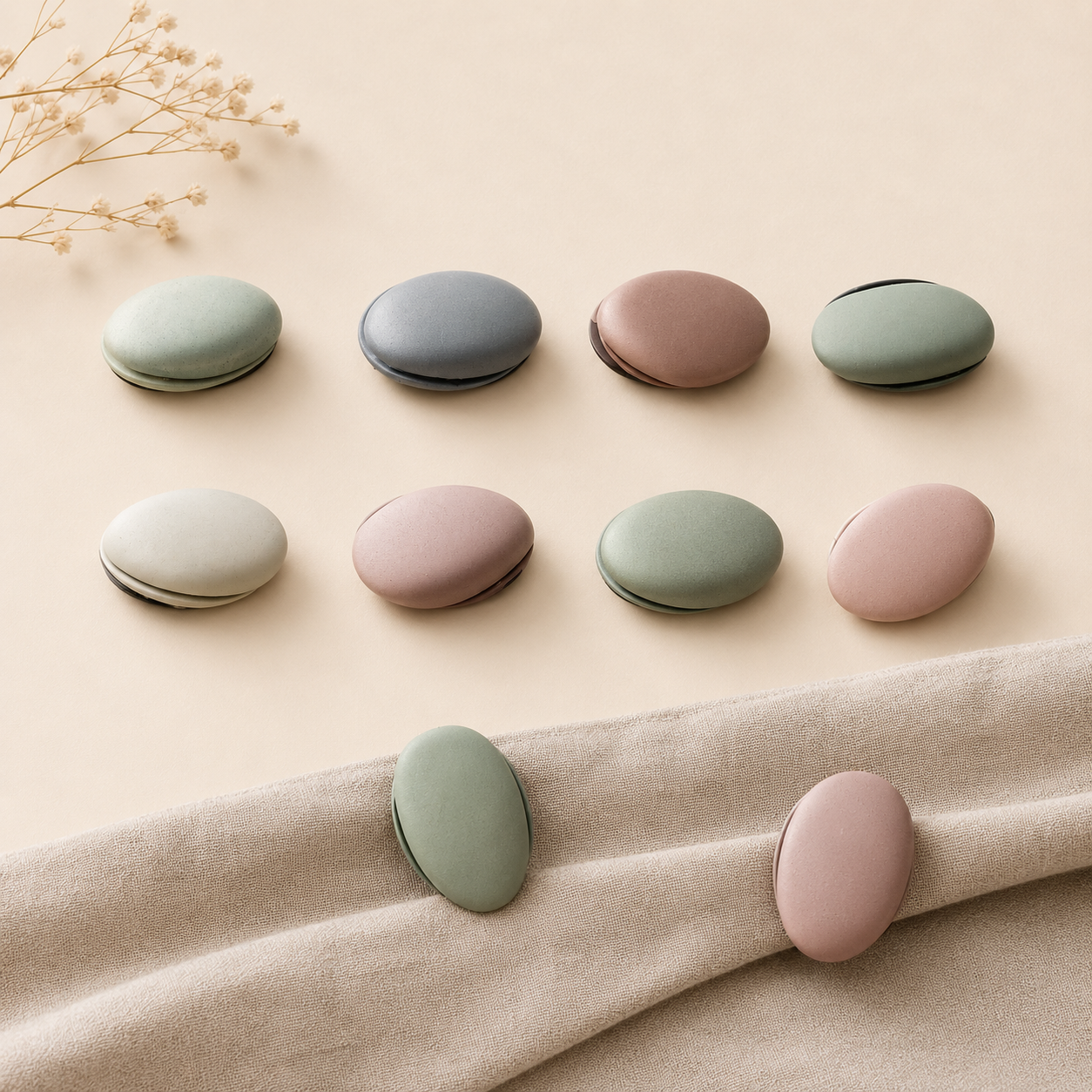 YajBakm™ Magnetic Fabric Pins - 8-Piece Matte No-Snag Styling Magnets for Sewing, Draping, & Photo Staging - Damage-Free Curtain & Linen Weights - Earthy Muted Tones