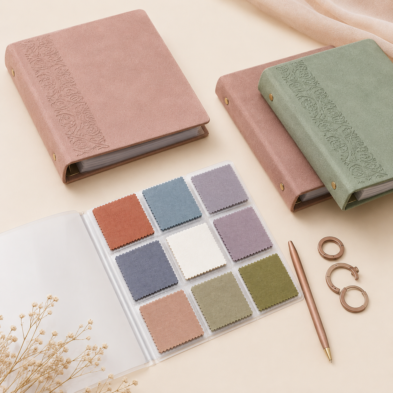 YajBakm™ Curated Artisan Fabric Swatch Binder and Project Planner - Aesthetic Faux Suede Organizer for Sewists, Quilters, and Fashion Designers, Includes Clear Pocket Pages, Matching Pen, and Binder Rings