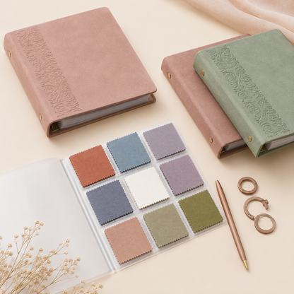 YajBakm™ Curated Artisan Fabric Swatch Binder and Project Planner - Aesthetic Faux Suede Organizer for Sewists, Quilters, and Fashion Designers, Includes Clear Pocket Pages, Matching Pen, and Binder Rings