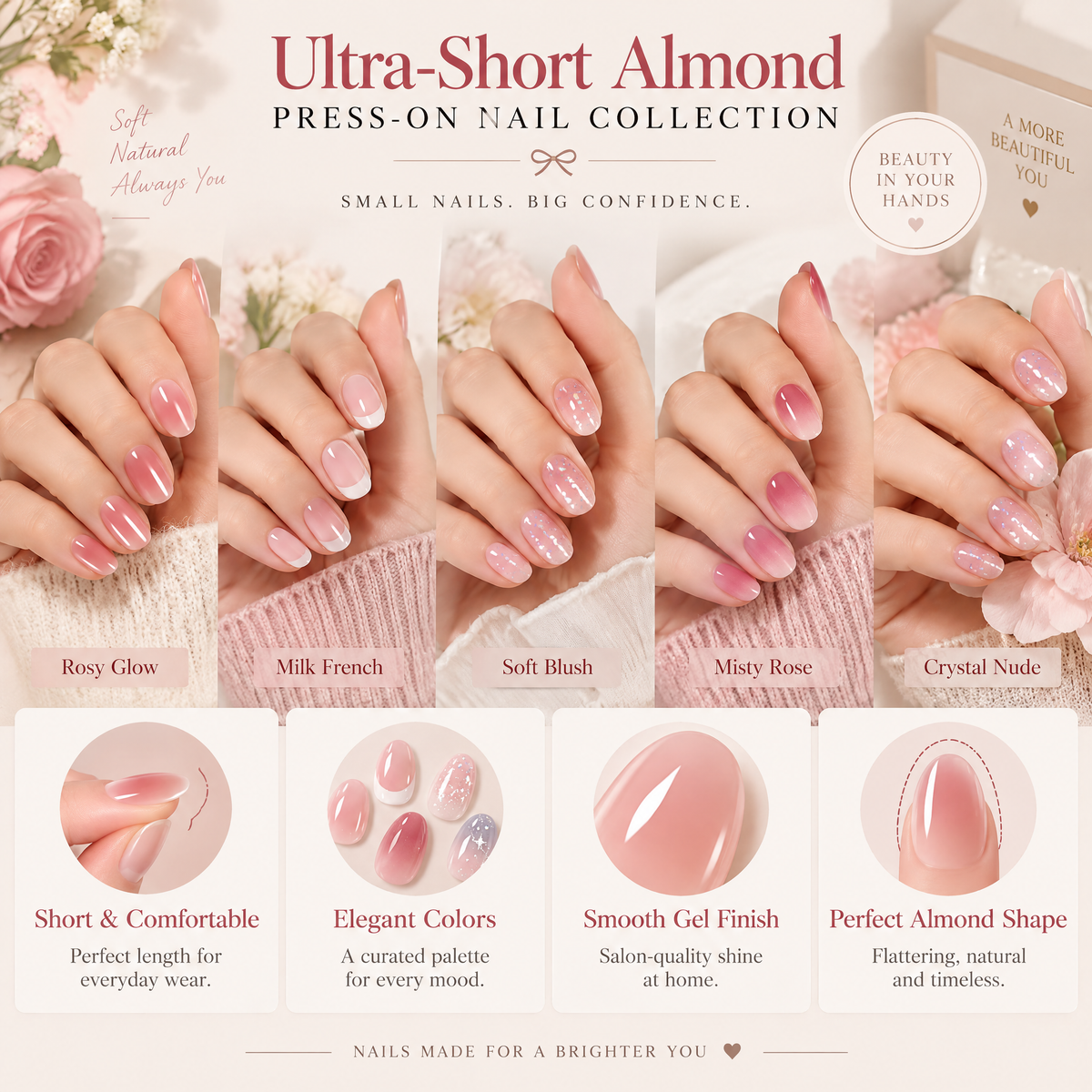 YAJBAKUltra-Short Almond Press-On Nails For Effortless Everyday Beauty💅