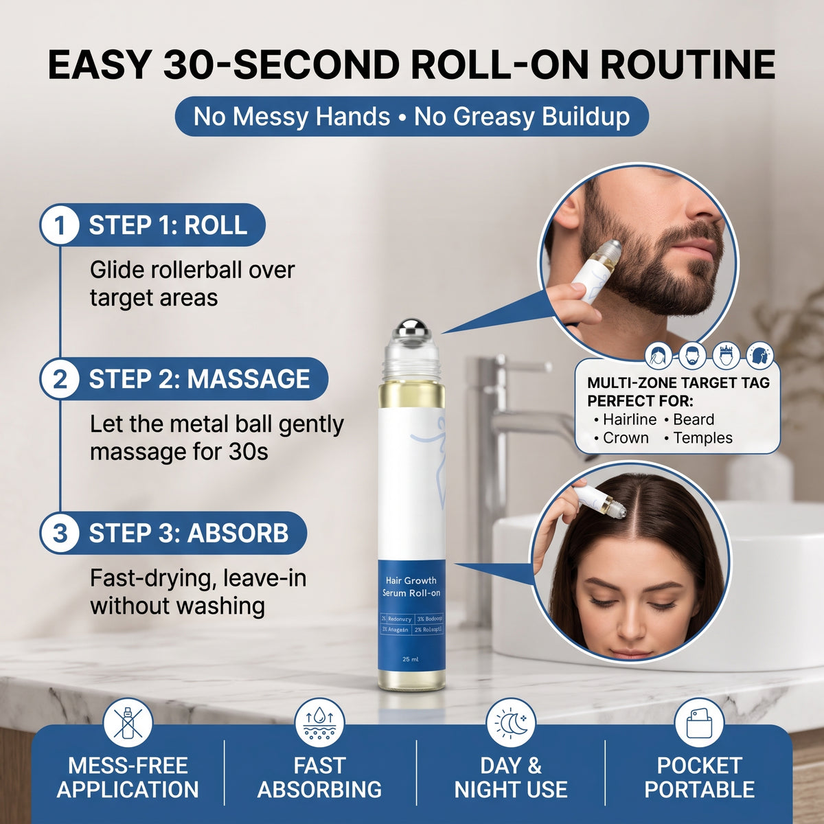 💎Advanced Hair Growth Roll-On Serum | 3% Rosemary | 2% Aminexil | 3% Redensy l 2% Anagain | Precision Scalp Applicator | Paraben & Sulphate Free | Non oily and mess free