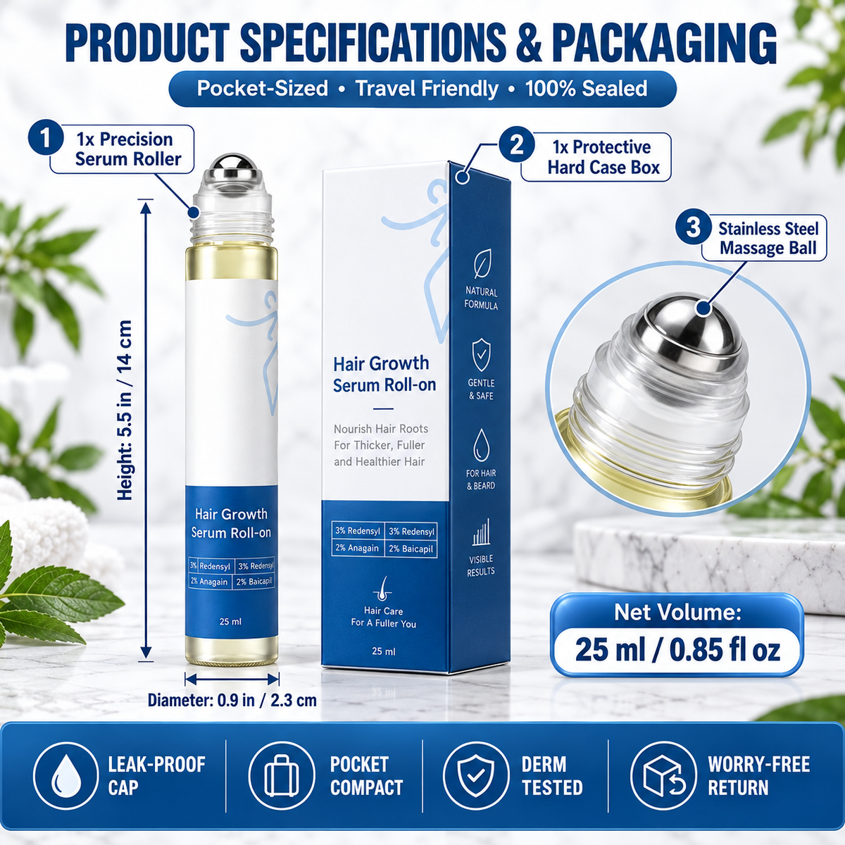 💎Advanced Hair Growth Roll-On Serum | 3% Rosemary | 2% Aminexil | 3% Redensy l 2% Anagain | Precision Scalp Applicator | Paraben & Sulphate Free | Non oily and mess free