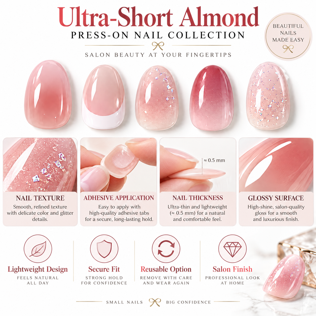 YAJBAKUltra-Short Almond Press-On Nails For Effortless Everyday Beauty💅